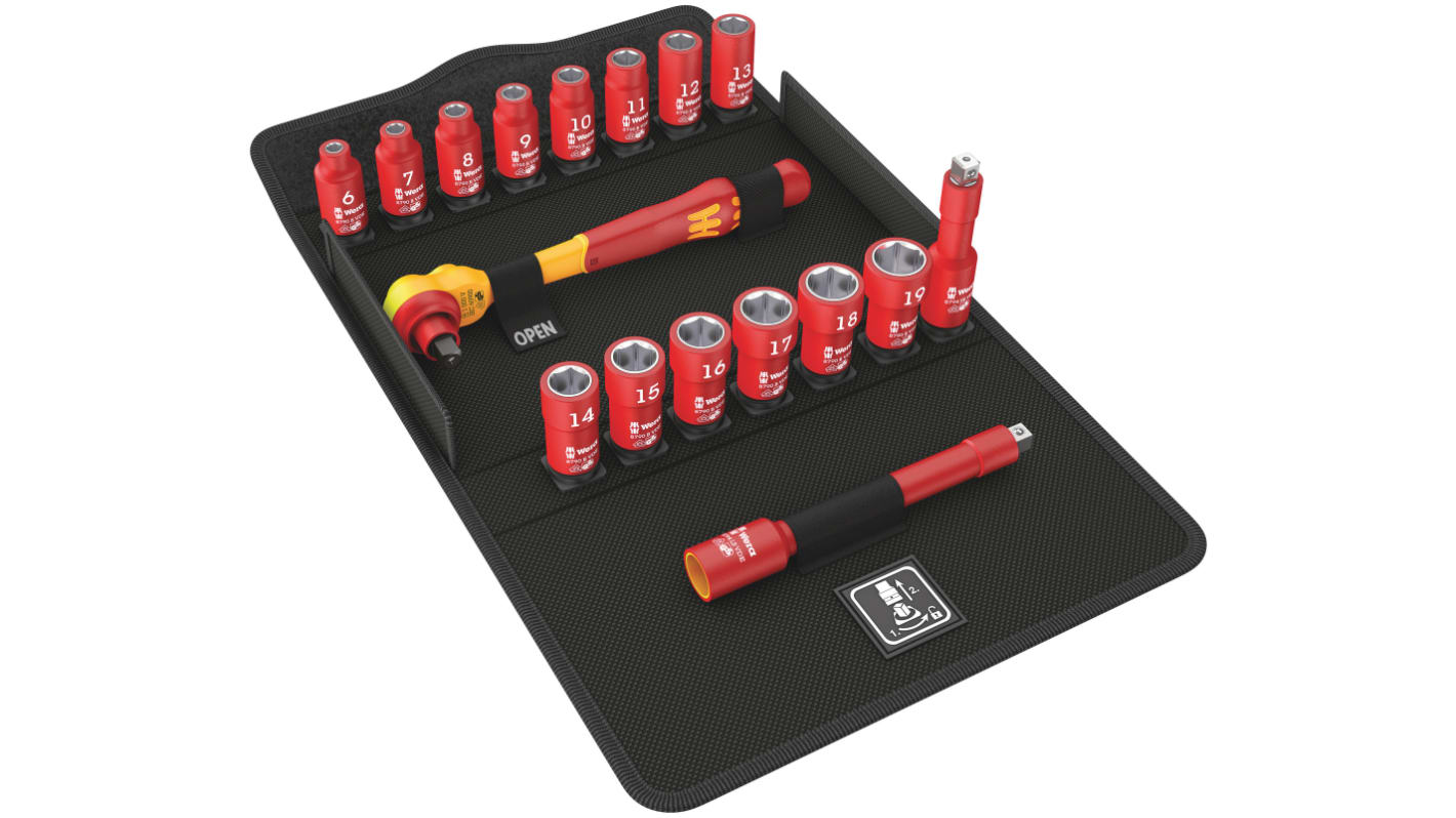 Wera 17-Piece Metric 3/8 in Standard Socket Set with Ratchet, 6 point, VDE/1000V