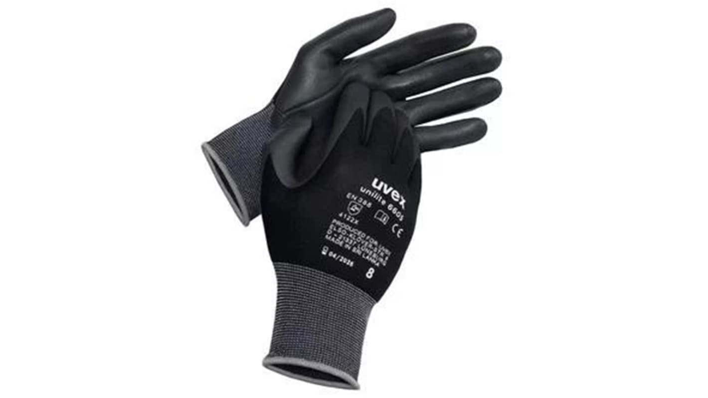 Uvex Unilite 6605 Black Nylon General Purpose Work Gloves, Size 8, NBR Coating