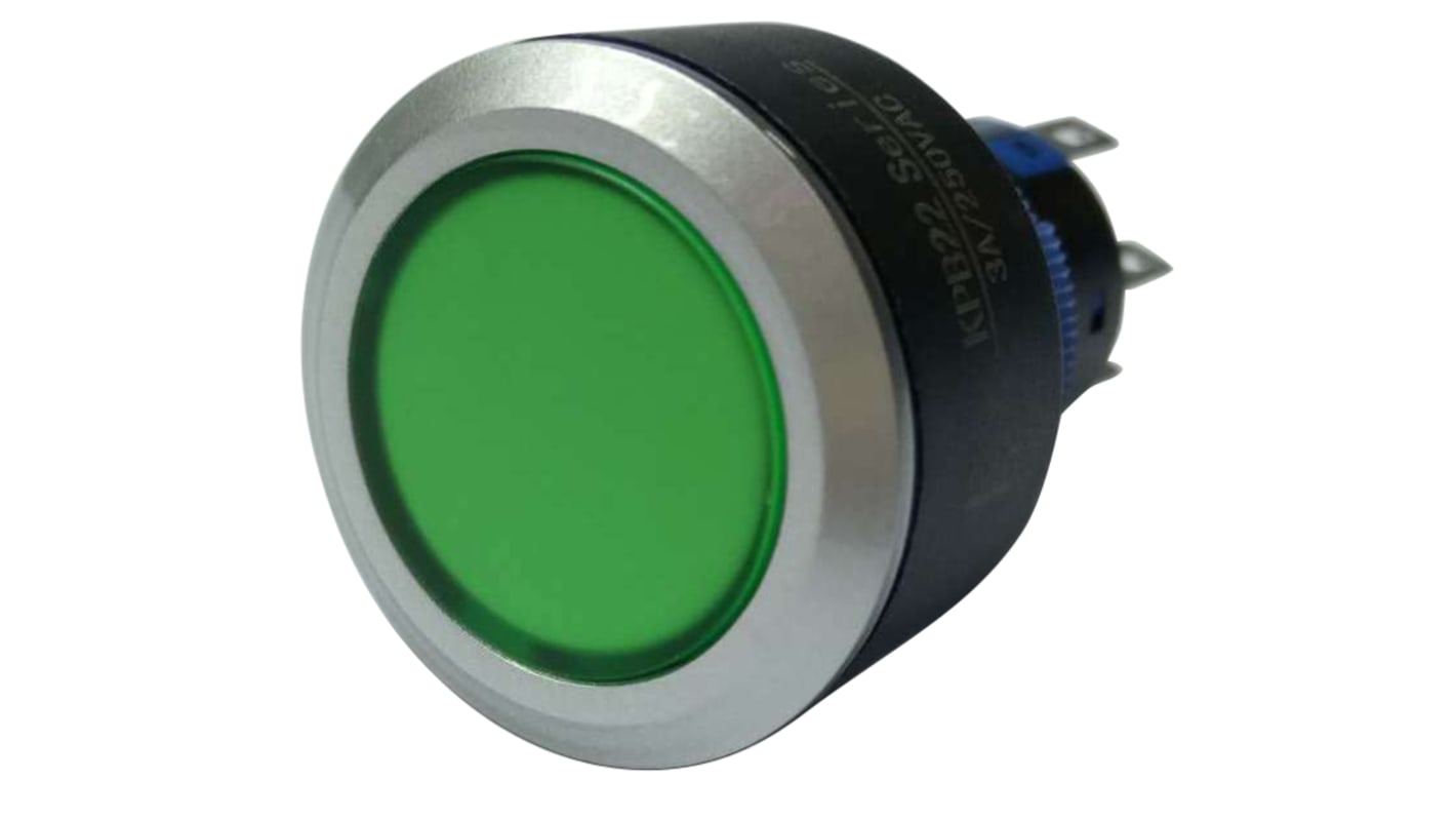 Interruptor de Botón Pulsador RS PRO, color de botón Verde, DPDT, 3 A, 5 A, 250V ac, Montaje en Panel, IP65, iluminado