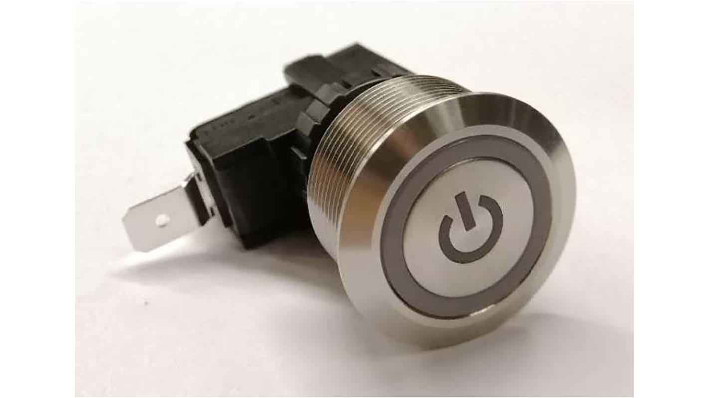 RS PRO Illuminated Push Button Switch, Momentary, Panel Mount, 25.2mm Cutout, SPST, White LED, 250 / 125V ac, IP67