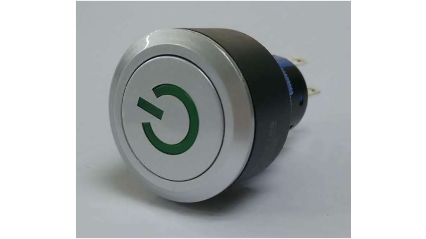 Interruptor de Botón Pulsador RS PRO, color de botón Plata, SPDT, acción momentánea, 3 A, 5 A, 24V, Montaje en Panel,