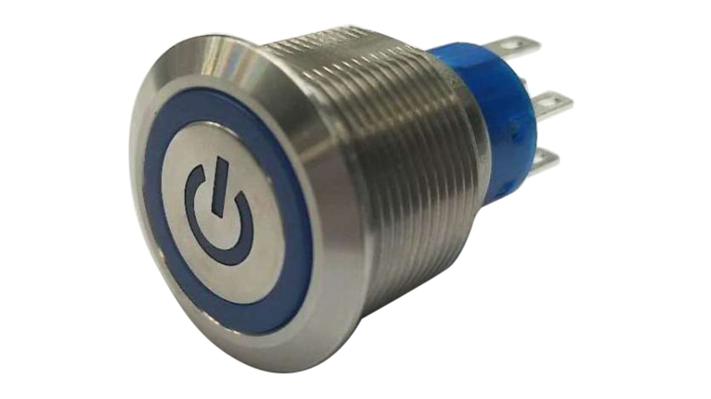 RS PRO Illuminated Push Button Switch, Panel Mount, 22.2mm Cutout, DPDT, Blue LED, 250V ac, IP67