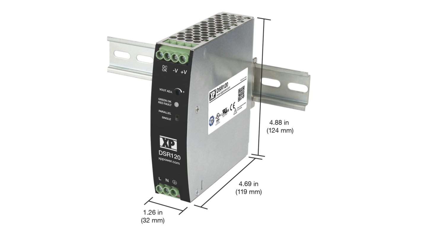 XP Power DSR120 Switched Mode DIN Rail Power Supply, 85 → 264V ac ac Input, 48V dc dc Output, 2.5A Output, 120W