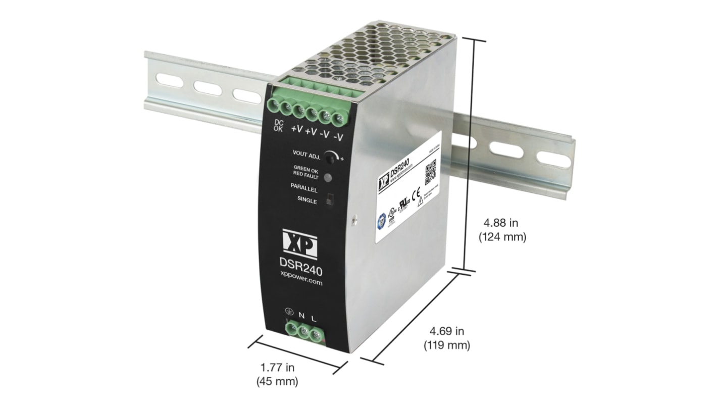 XP Power DSR240 Switched Mode DIN Rail Power Supply, 85 → 264V ac ac Input, 24V dc dc Output, 10A Output, 240W