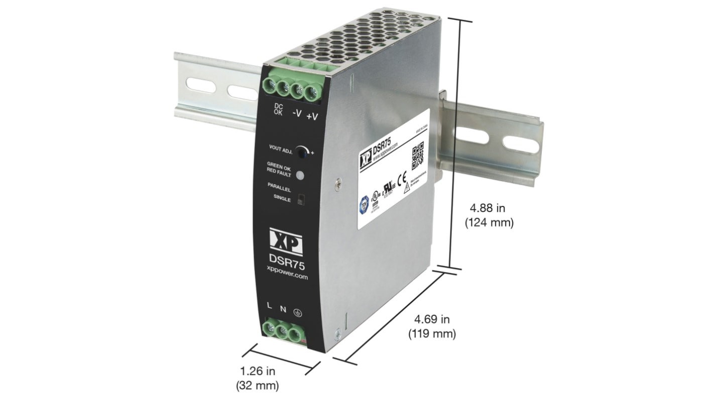 XP Power DSR75 Switched Mode DIN Rail Power Supply, 85 → 264V ac ac Input, 24V dc dc Output, 3.2A Output, 75W