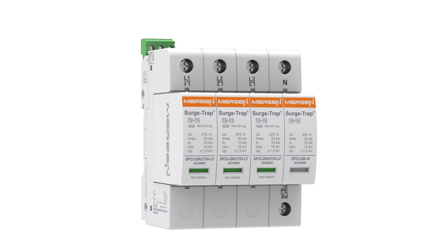 Dispositivo de protección frente a transitorios Mersen, Control SPD Mersen tipo 2+3, 275 V ac, 20kA, Carril DIN