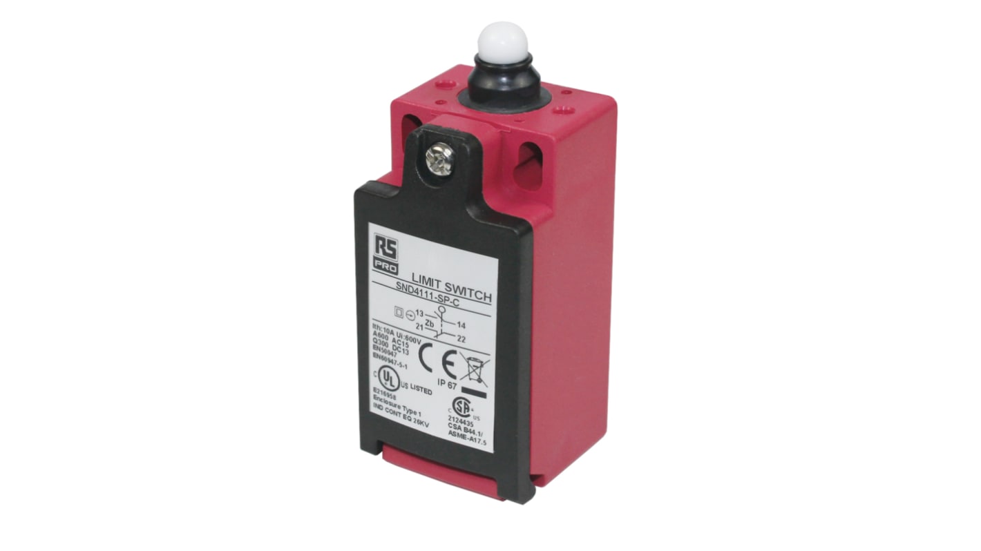 RS PRO Plunger Limit Switch, NO/NC, IP67, Glass Reinforced Plastic (GRP) Housing
