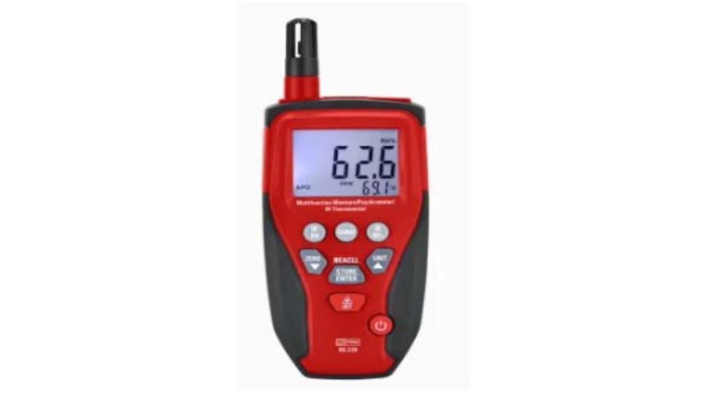 RS PRO DT-229/239 Moisture Meter, 200 °C, 99.9 % RH Max, ±2 Accuracy, Digital Display, Battery-Powered