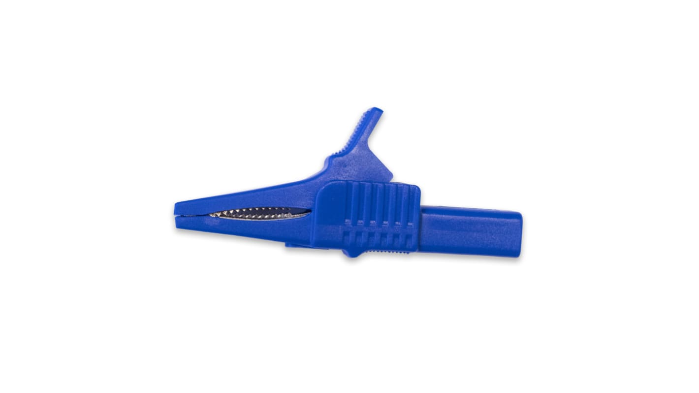 Clip a coccodrillo Mueller Electric, 30A, apertura 19mm, isolato, col. Blu