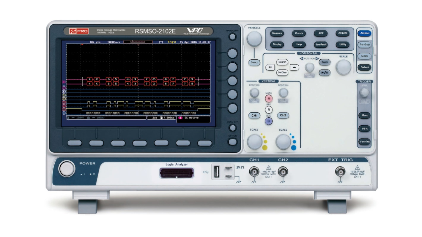 Osciloscopio de banco RS PRO RSMSO-2102S, canales:2 A, 16 D, 100MHZ, pantalla de 8plg, interfaz CAN, IIC, LIN, RS232,