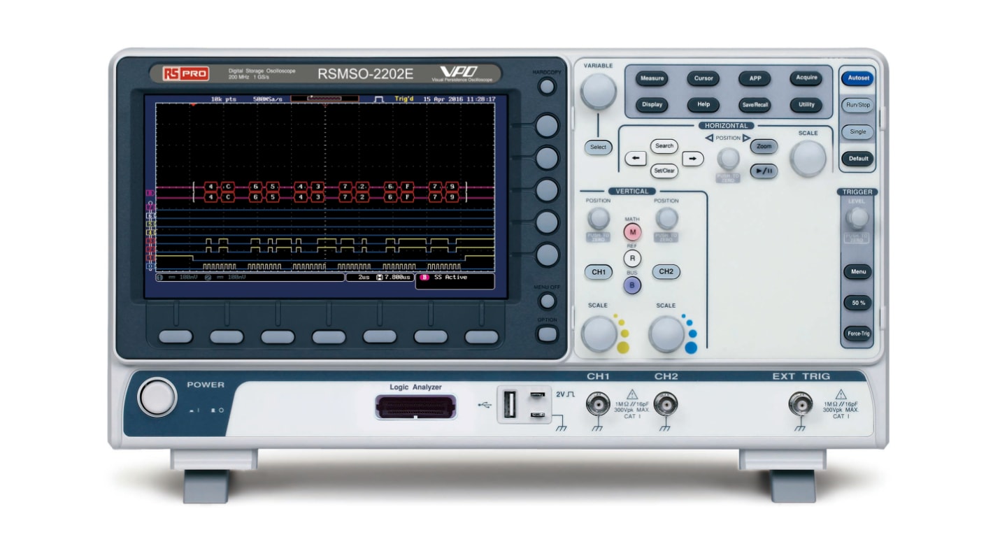 Osciloscopio de banco RS PRO RSMSO-2202E, calibrado RS, canales:2 A, 16 D, 200MHZ, pantalla de 8plg, interfaz CAN, IIC,