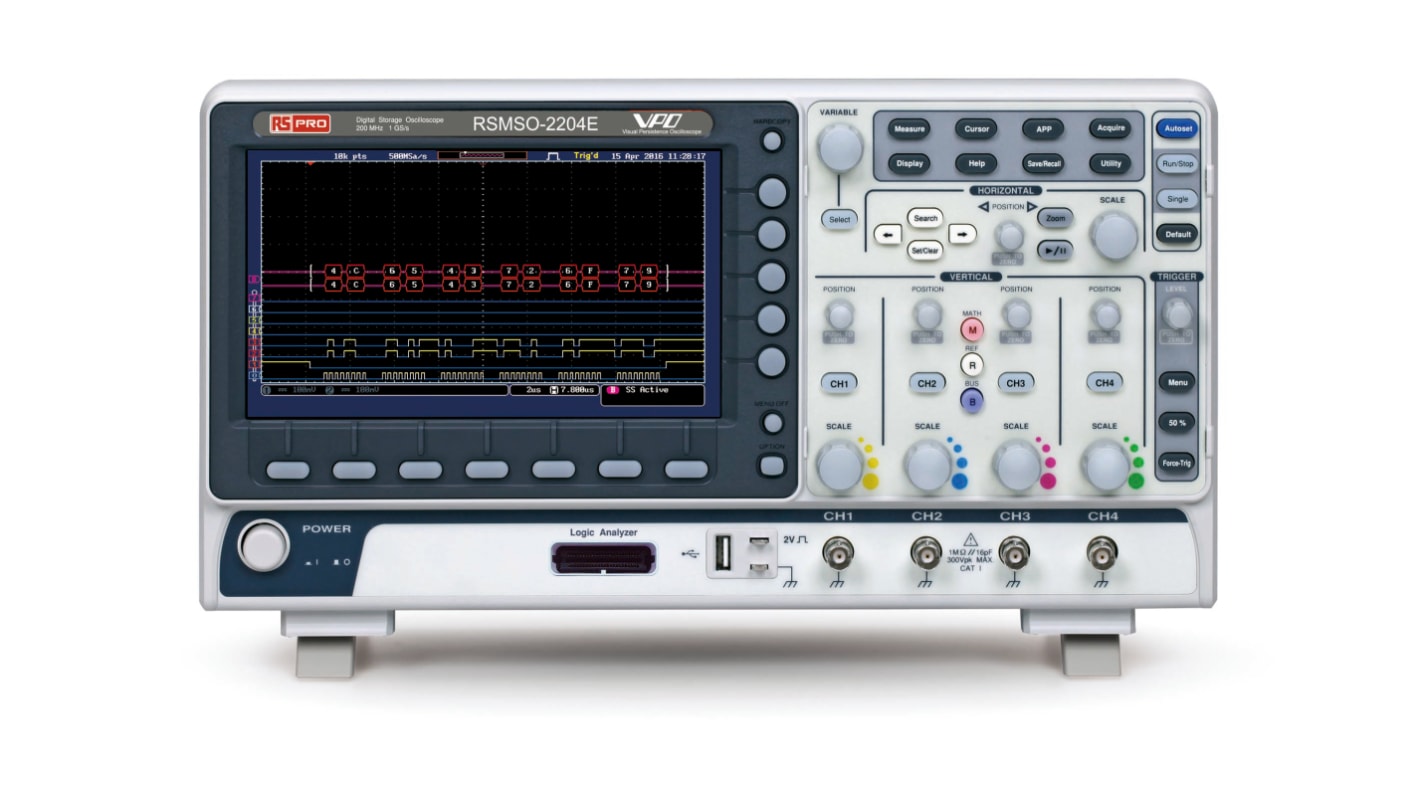 RS PRO RSMSO-2204E Mixed-Signal Tisch Oszilloskop 4-Kanal Analog / 16 Digital 200MHz CAN, IIC, LIN, RS232, RS422,