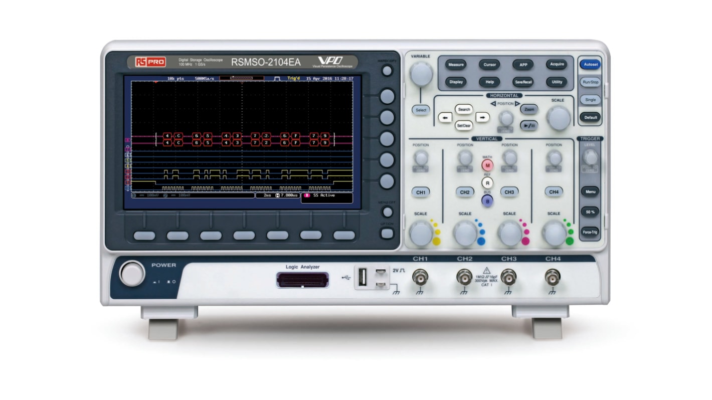 Osciloscopio de banco RS PRO RSMSO-2104EA, calibrado RS, canales:4 A, 16 D, 100MHZ, pantalla de 8plg, interfaz CAN,