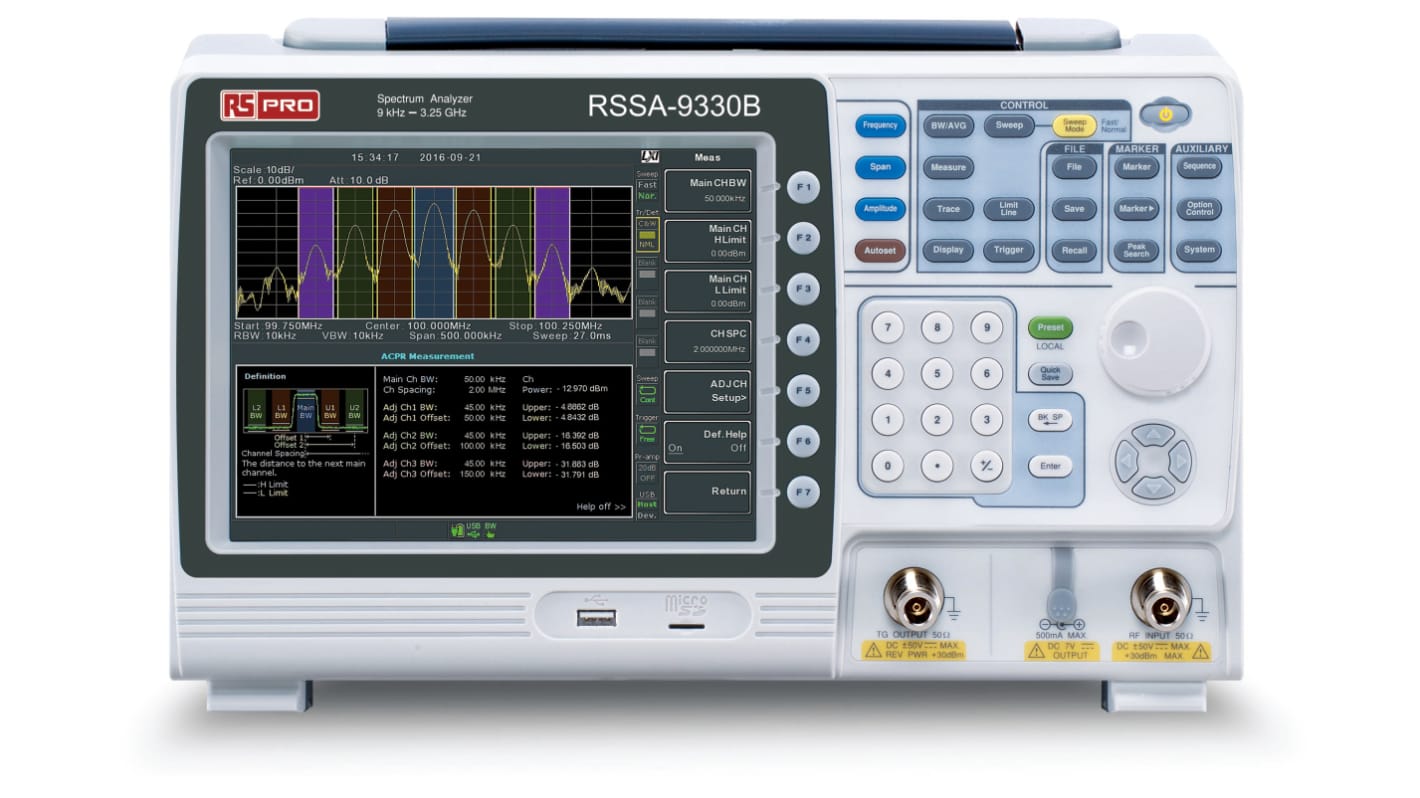 Analizator widma 9 kHz → 3GHz RS PRO 3GHz Wbudowany spektrogram, Wyświetlanie w trybie podwójnego ekranu,