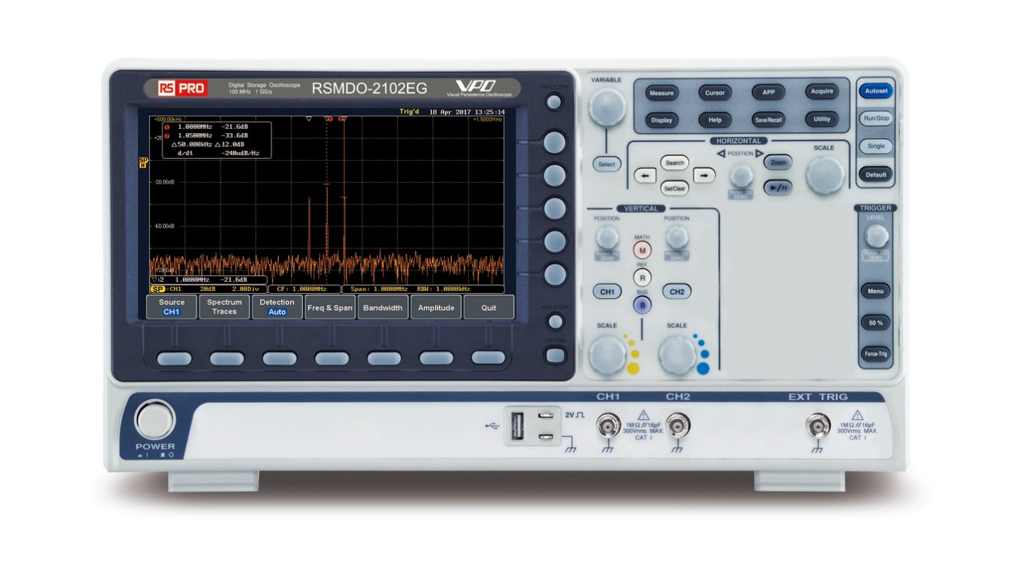 Oscilloscopio Da banco RS PRO RSMDO-2102EG, 2 ch. analogici, 100MHz, Cert. LAT