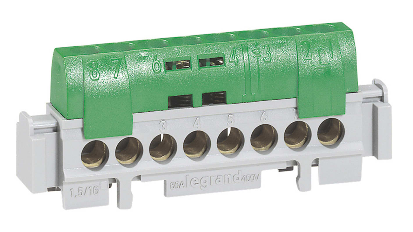 Legrand Distribution Block, 8 Way, 80 A, 100 A, 400 V, Green