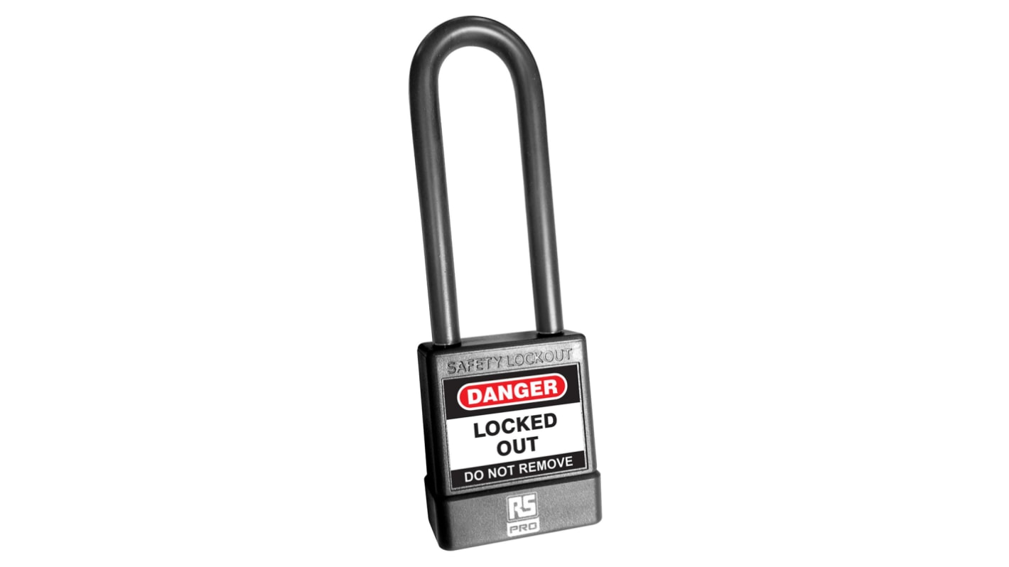 RS PRO Black ABS, Steel, PVC Safety Lockout Padlocks, 6mm Shackle, 75mm Attachment