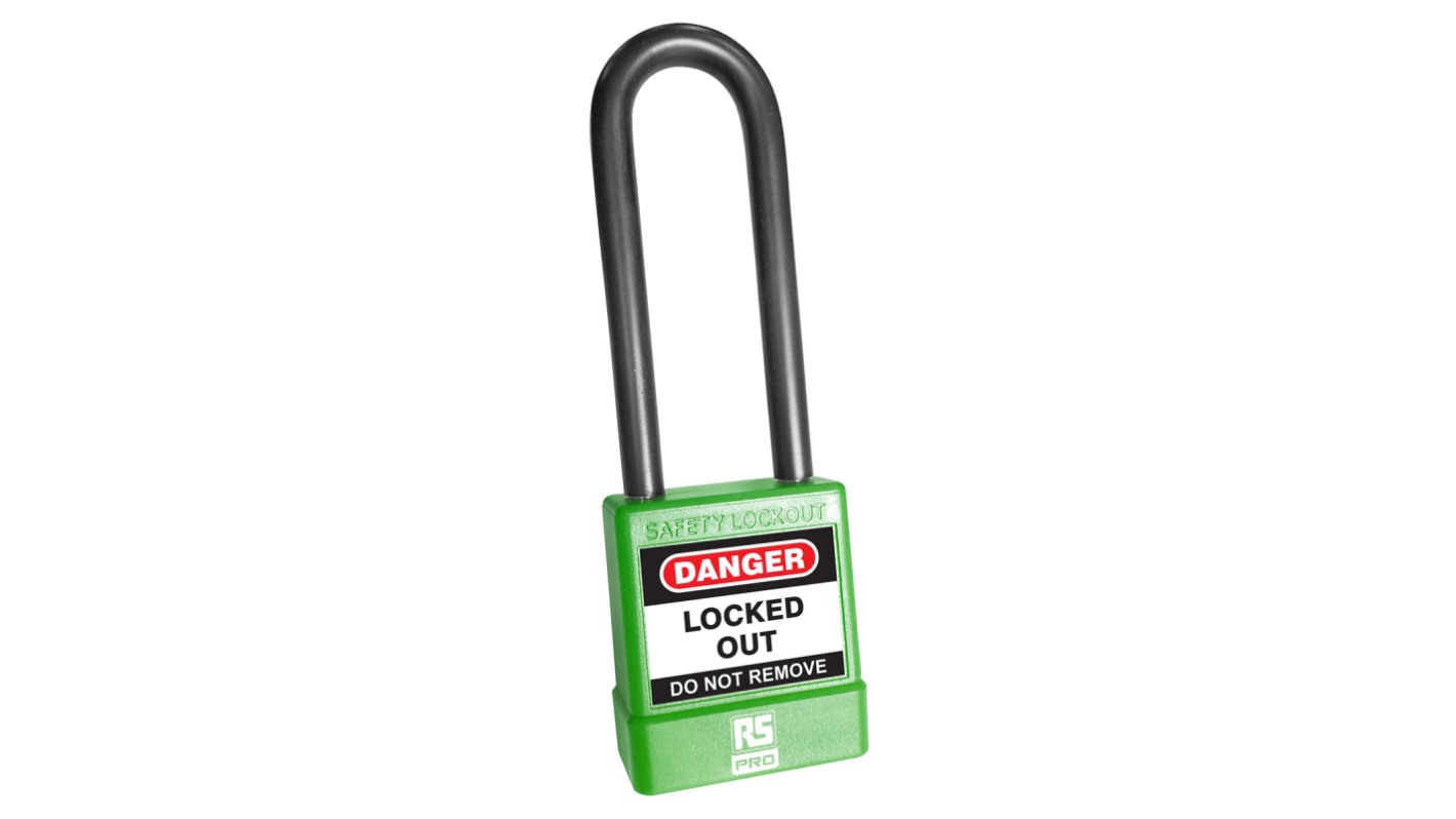 RS PRO Green ABS, Steel, PVC Safety Lockout Padlocks, 6mm Shackle, 75mm Attachment