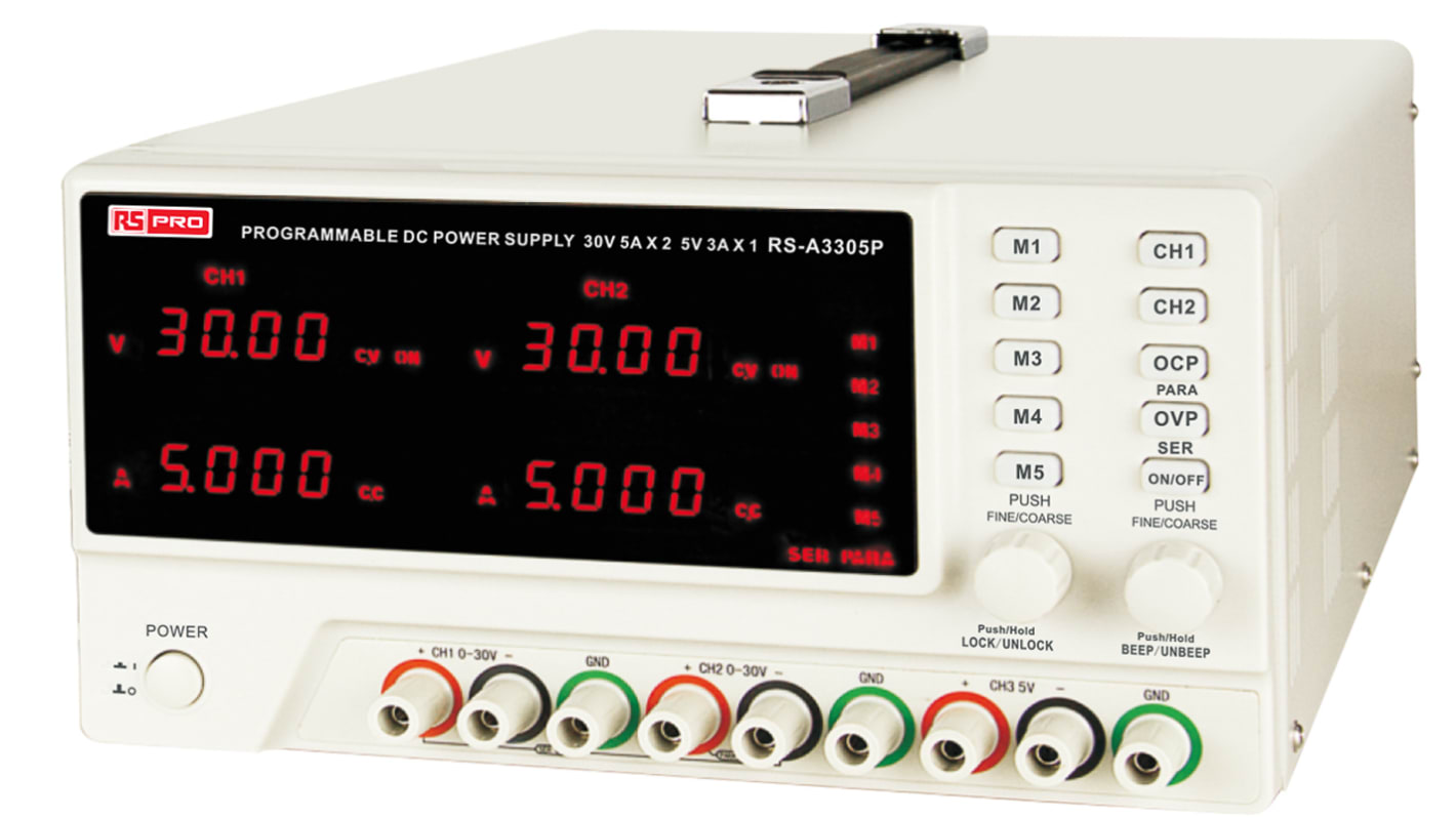 RS PRO Laboratoriestrømforsyning, 3 Udgange, 0 → 30V, 0 → 5A