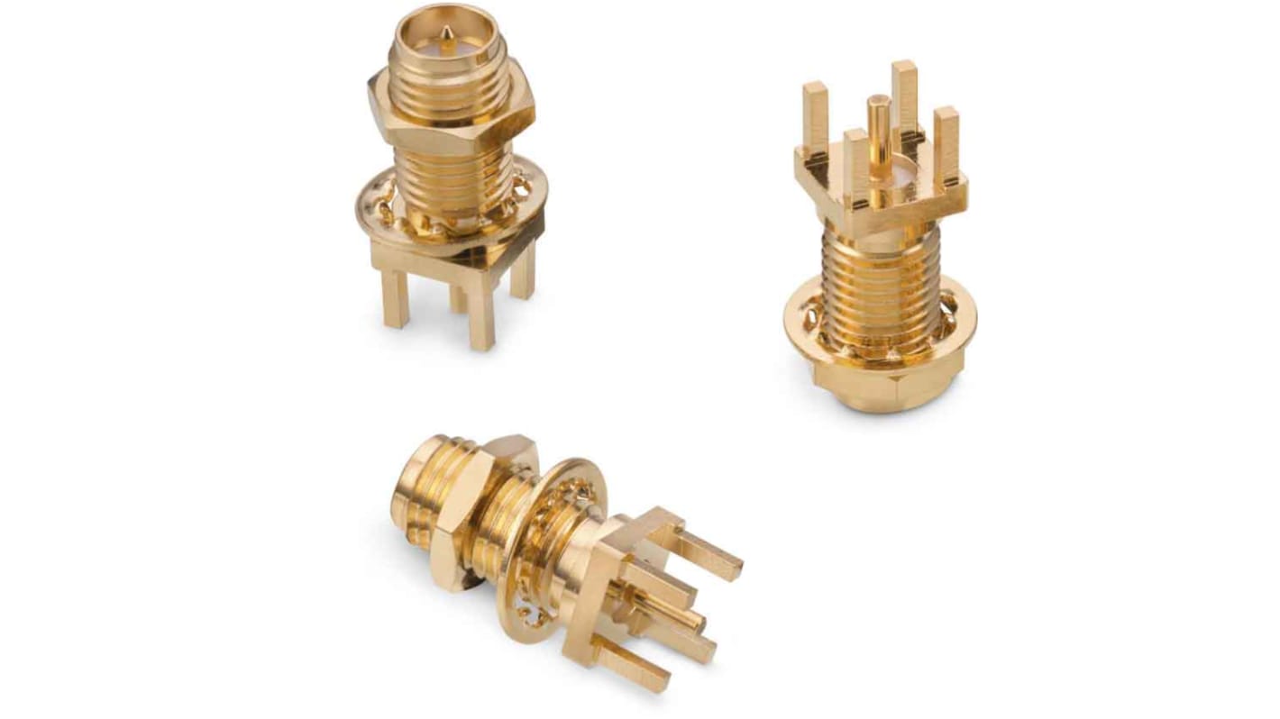 Conector coaxial Wurth Elektronik 63012042124504, Hembra, Recto, Montaje en PCB, Terminación de Soldador, Sí, 18GHz