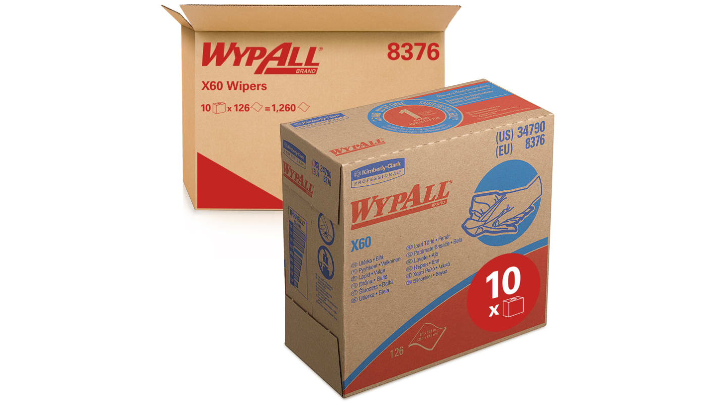 Kimberly Clark WypAll White Cloths for General Cleaning, Wet Use, Box of 176, 317 x 231mm, Single Use