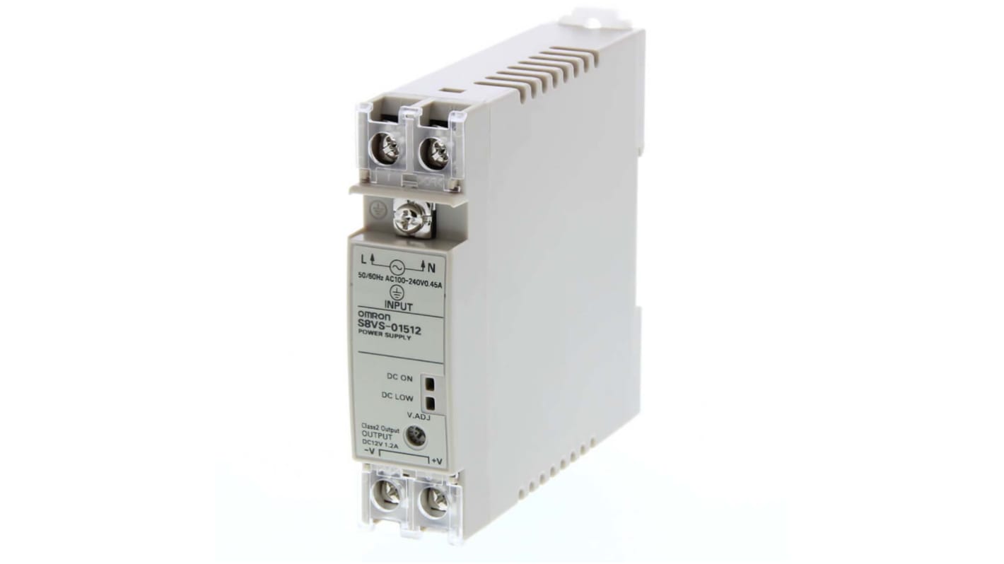 Omron Switching Power Supply, S8VS-01512, 12V dc, 1.2A, 15W, 1 Output, 100 → 240V ac Input Voltage
