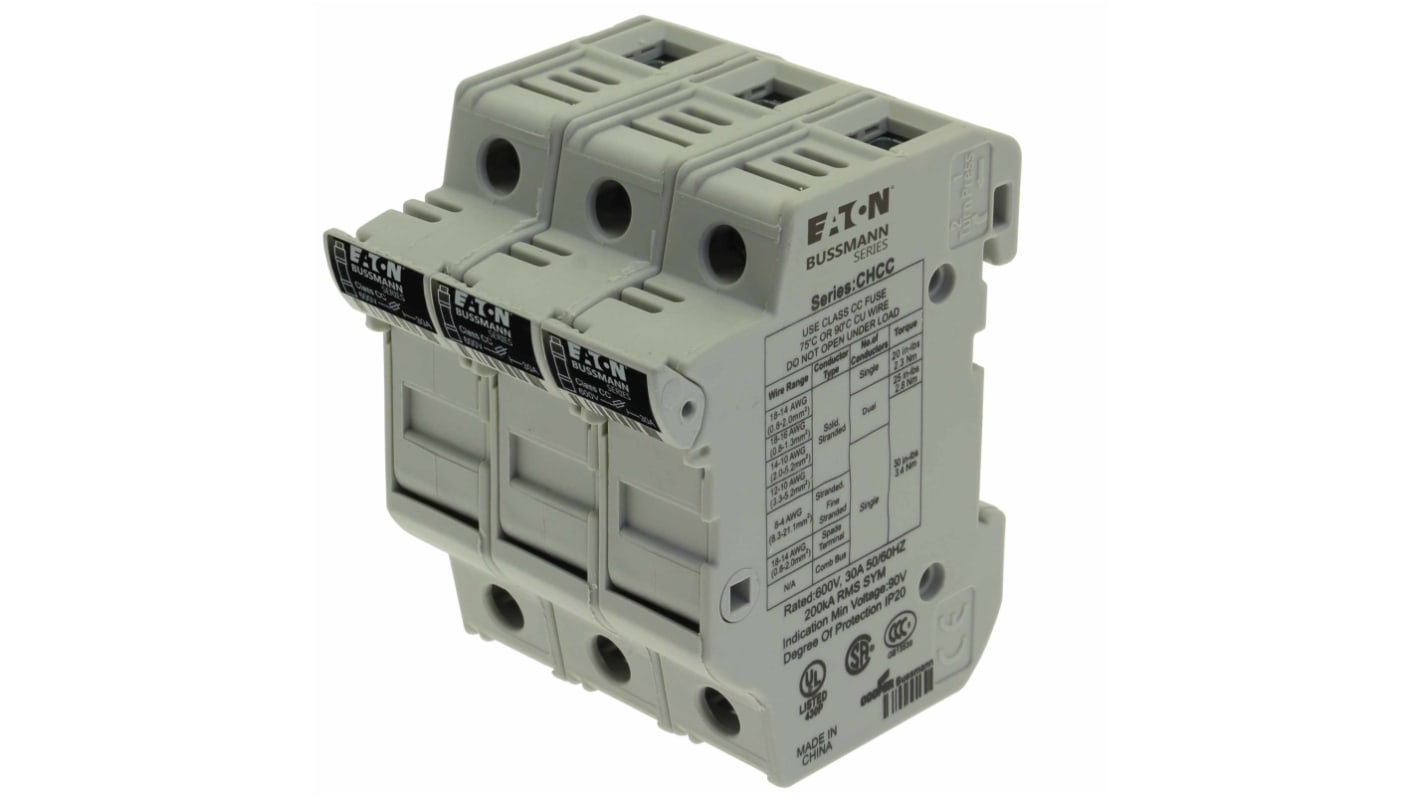 CHCC3DU | Eaton 30A Rail Mount Fuse Holder for 10 x 38mm Fuse, 3P, 600V
