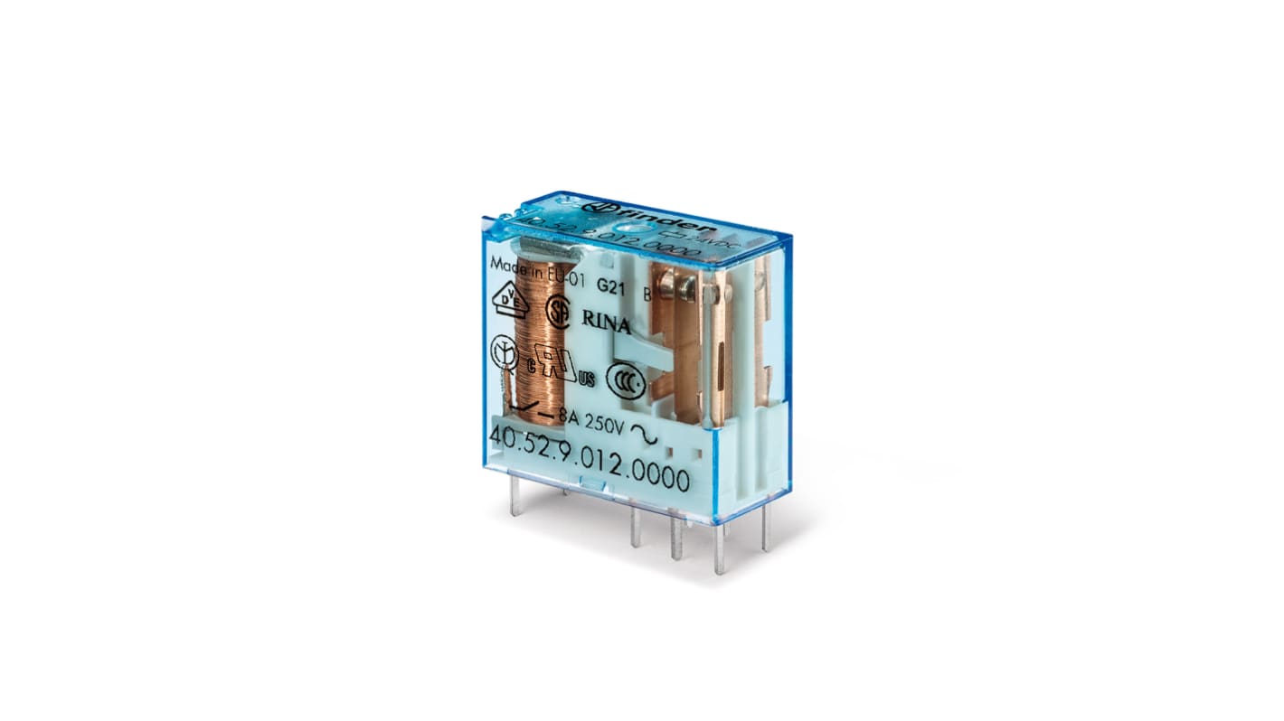 Finder PCB Mount Power Relay, 12V dc Coil, 8A Switching Current, DPDT