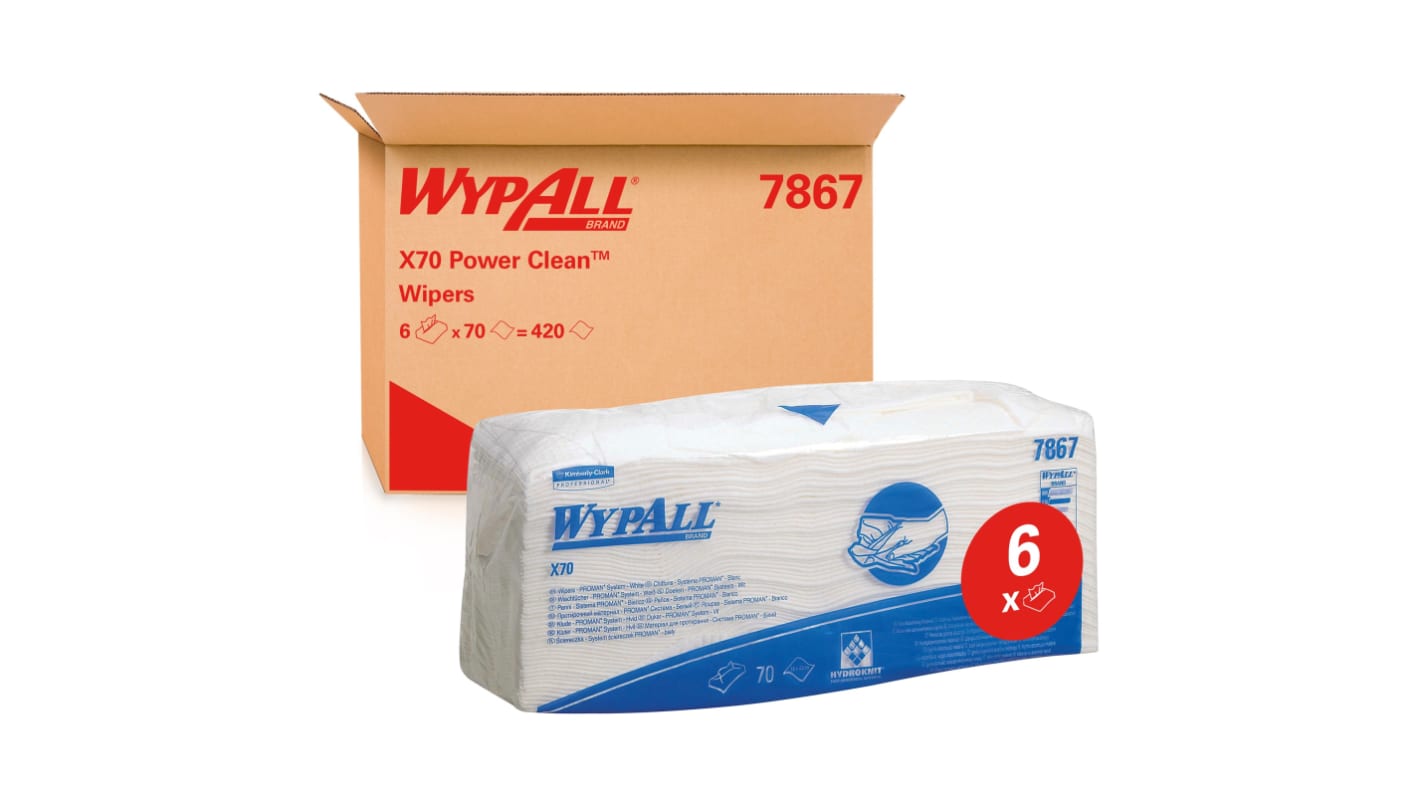 Kimberly Clark WypAll White Cloths for Industrial Cleaning, Wet Use, Bag of 70, 380 x 420mm, Repeat Use