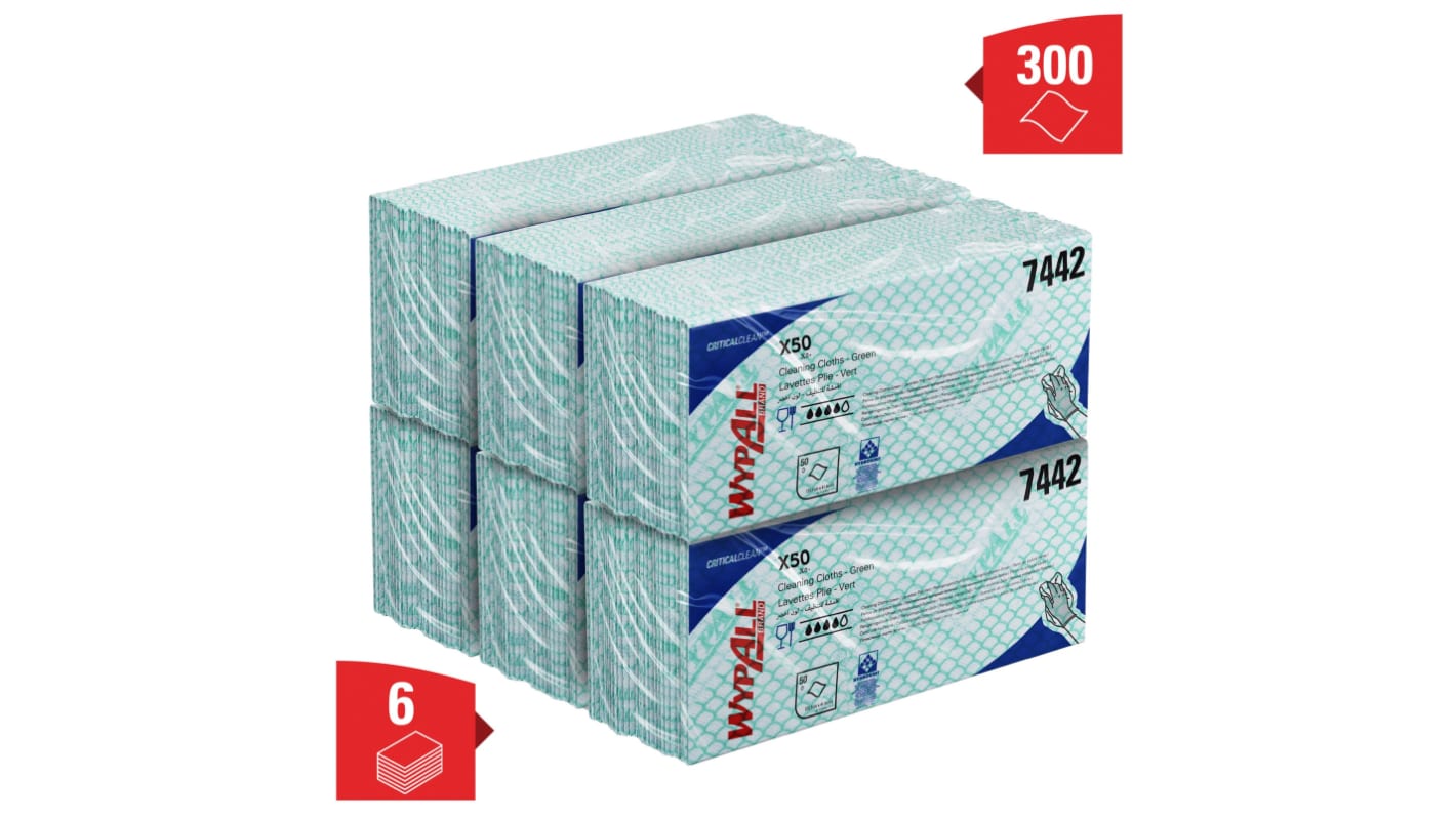 Kimberly Clark WypAll Green Cloths for General Cleaning, Dry Use, Bag of 50, 416 x 245mm, Repeat Use