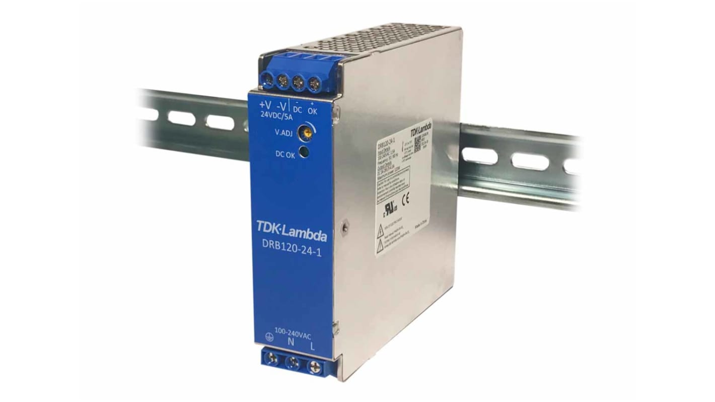 TDK-Lambda DRB120-480 Switched Mode DIN Rail Power Supply, 85 → 264V ac ac Input, 24V dc dc Output, 5A Output,