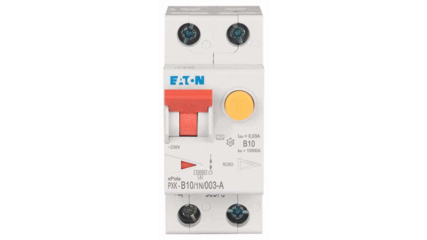 Eaton RCBO, 10A Current Rating, 1P+N Poles, 30mA Trip Sensitivity, Type B, PXK Range