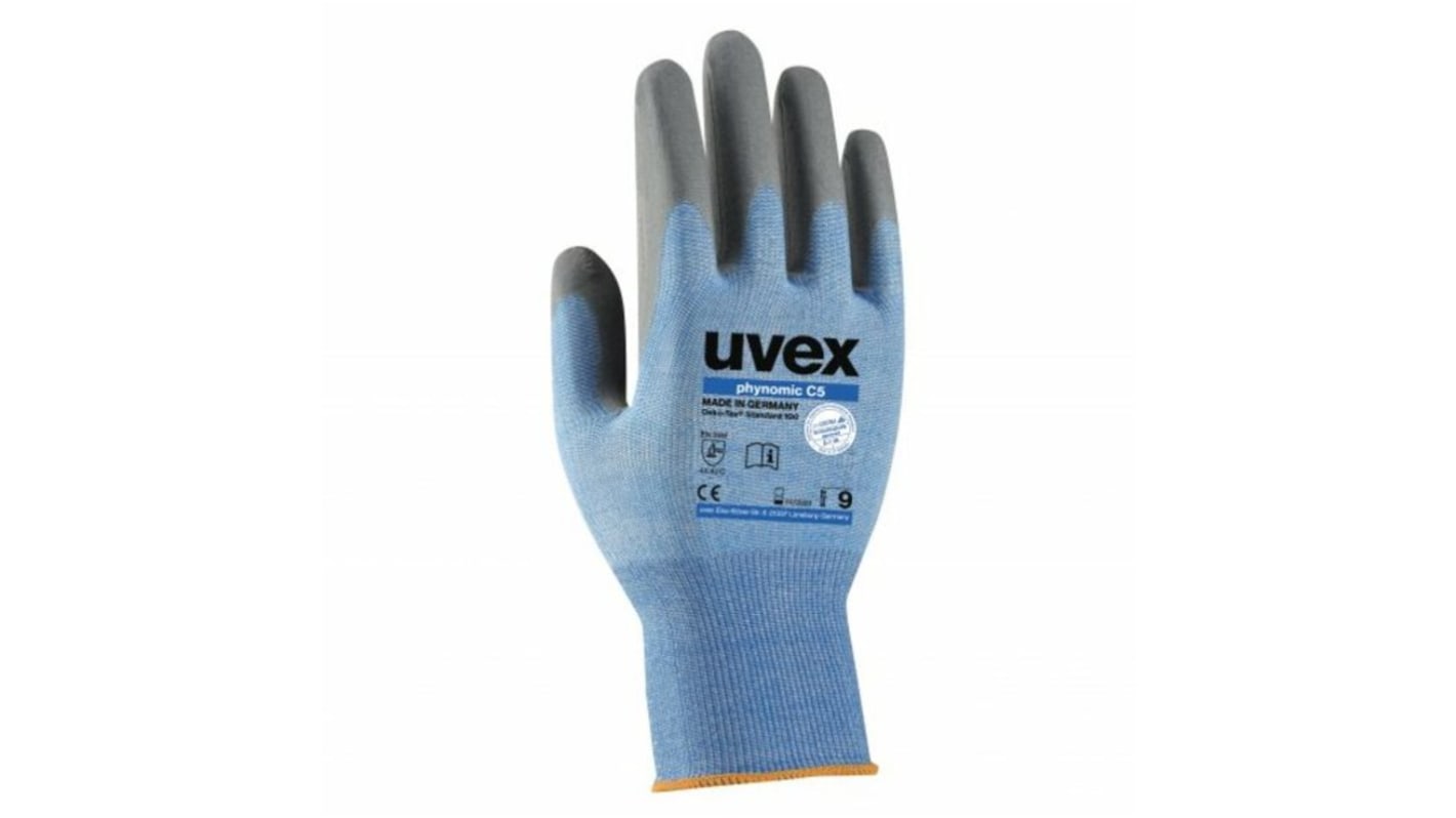 Uvex Phynomic C5 Blue Elastane Cut Resistant Work Gloves, Size 7, Small, Aqua-Polymer Foam Coating