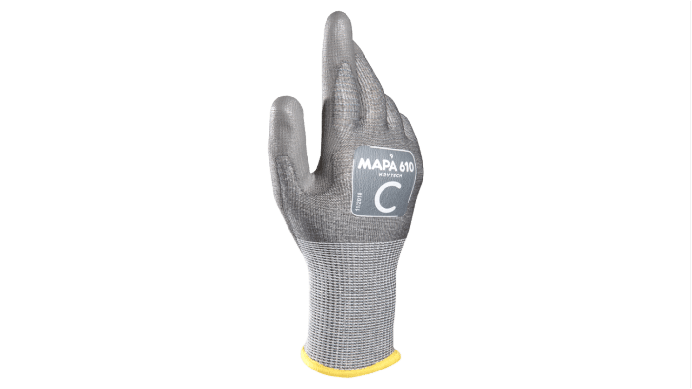 Mapa KRYTECH 610 Grey HPPE Cut Resistant Work Gloves, Size 11, XL, Polyurethane Coating