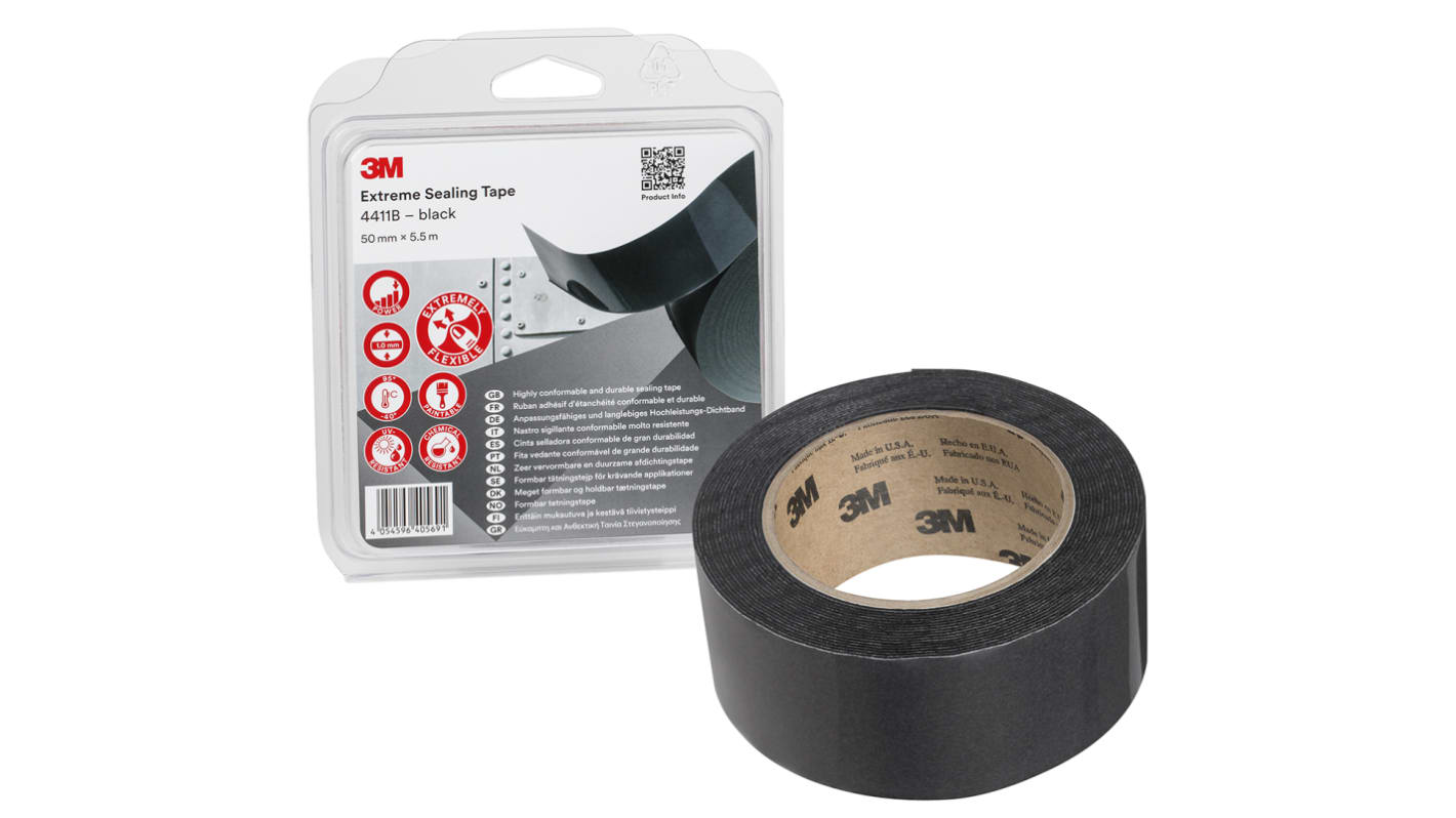 3M Extreme Sealing 4411B Cloth Tape, 5.5m x 50mm, Black, Ionomer Finish