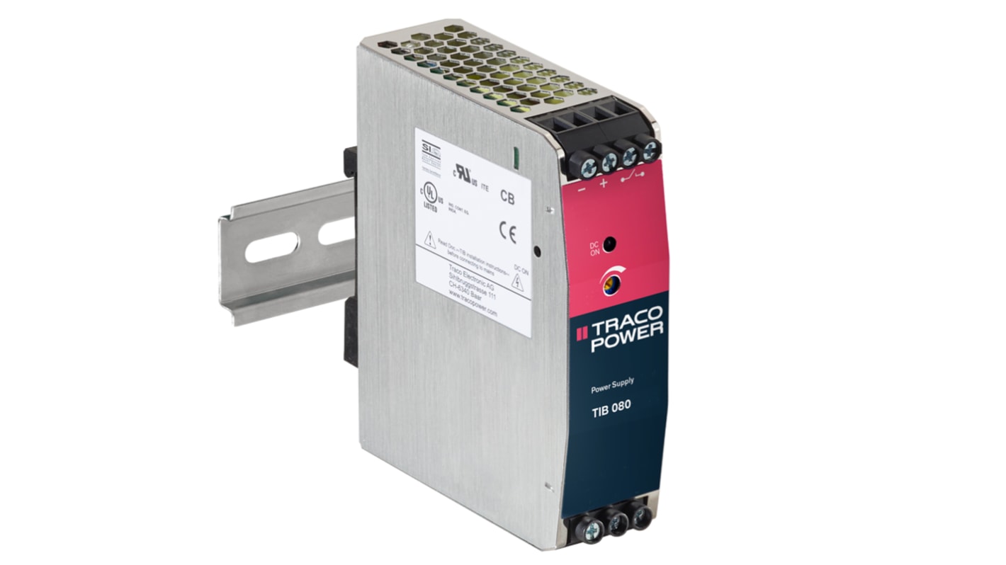 TRACOPOWER DIN-sín tápellátás, BE: 85 → 264V ac, 1 kimenet, 12V dc, 6.7A, 80W