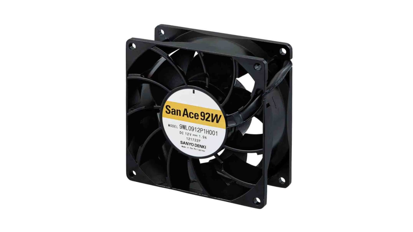 Sanyo Denki 9WL Series Axial Fan, 12 V dc, DC Operation, 3.7m³/min, 22.8W, 1.9A Max, IP68, 92 x 92 x 38mm