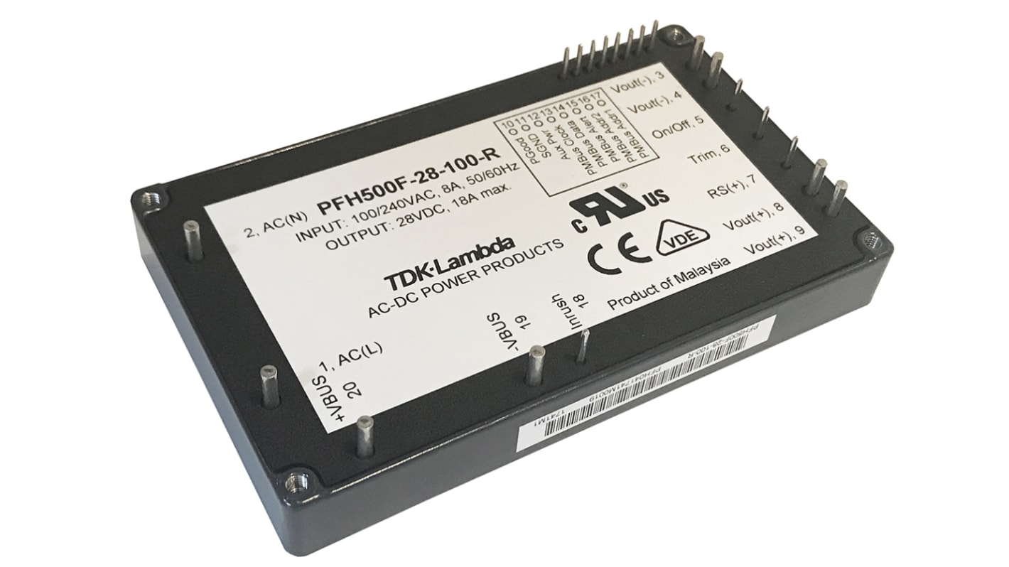 TDK-Lambda Switching Power Supply, PFH-500F-28-0D0-R, 28V dc, 18A, 504W, 1 Output, 85 → 265V ac Input Voltage