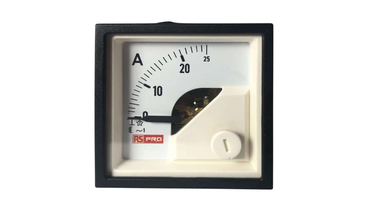 RS PRO Analogue Panel Ammeter 25 (Input, Scale)A AC, 45mm x 45mm, 1 