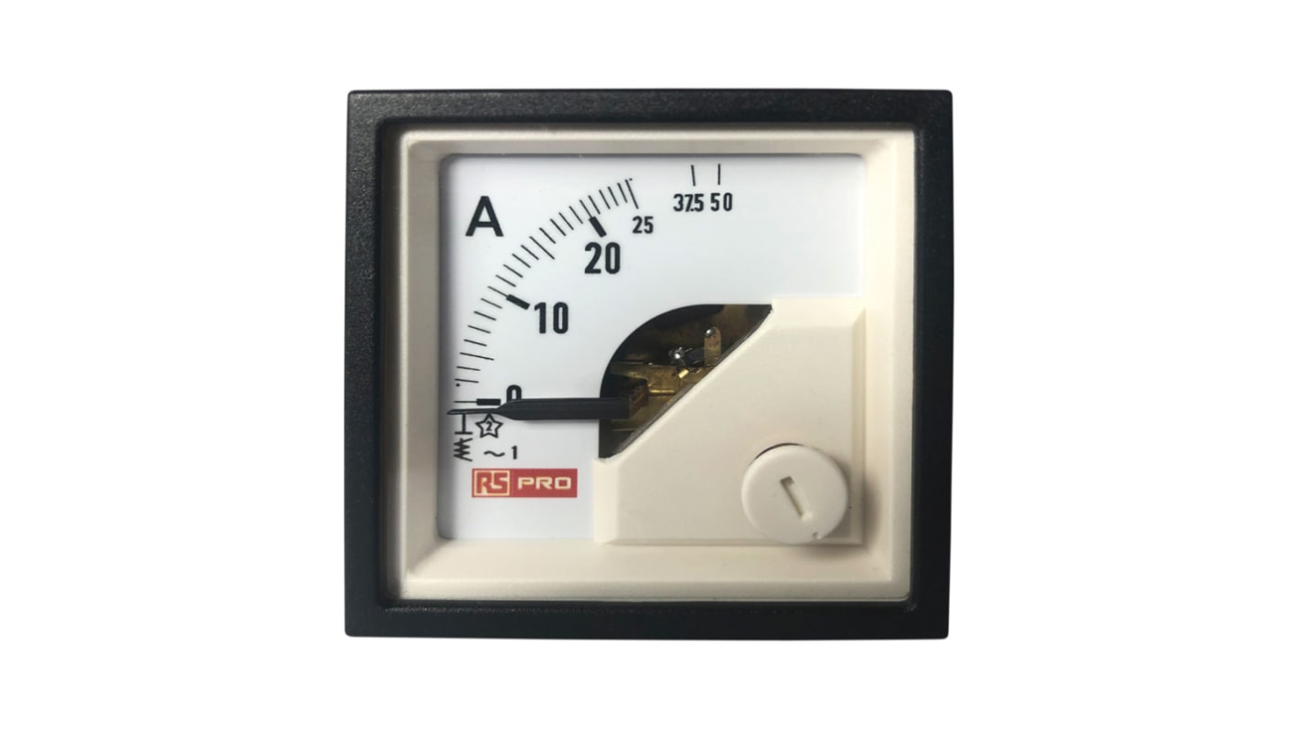 RS PRO Amperemeter 50 (Input)A AC Dreheisen, 45mm x 45mm T. 54 (<30 A) mm, 72 (30 → 60 A) mm, 0 → 50