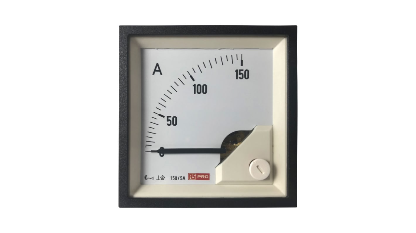 Amperímetro analógico de panel AC RS PRO, valor máx. 150 (Scle) A, 150/5 (CT) A, 5 (Input) A, 1 %, dim. 68mm x 68mm