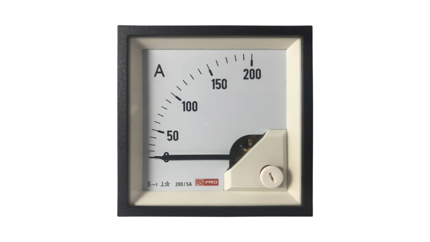 Amperímetro analógico de panel AC RS PRO, valor máx. 200 (Scle) A, 200/5 (CT) A, 5 (Input) A, 1 %, dim. 68mm x 68mm