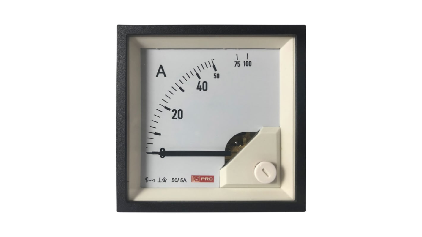 RS PRO Analogue Panel Ammeter 10 (Input) A, 100 (Scle) A, 50/5 (CT) A AC, 68mm x 68mm, 1 % Moving Iron