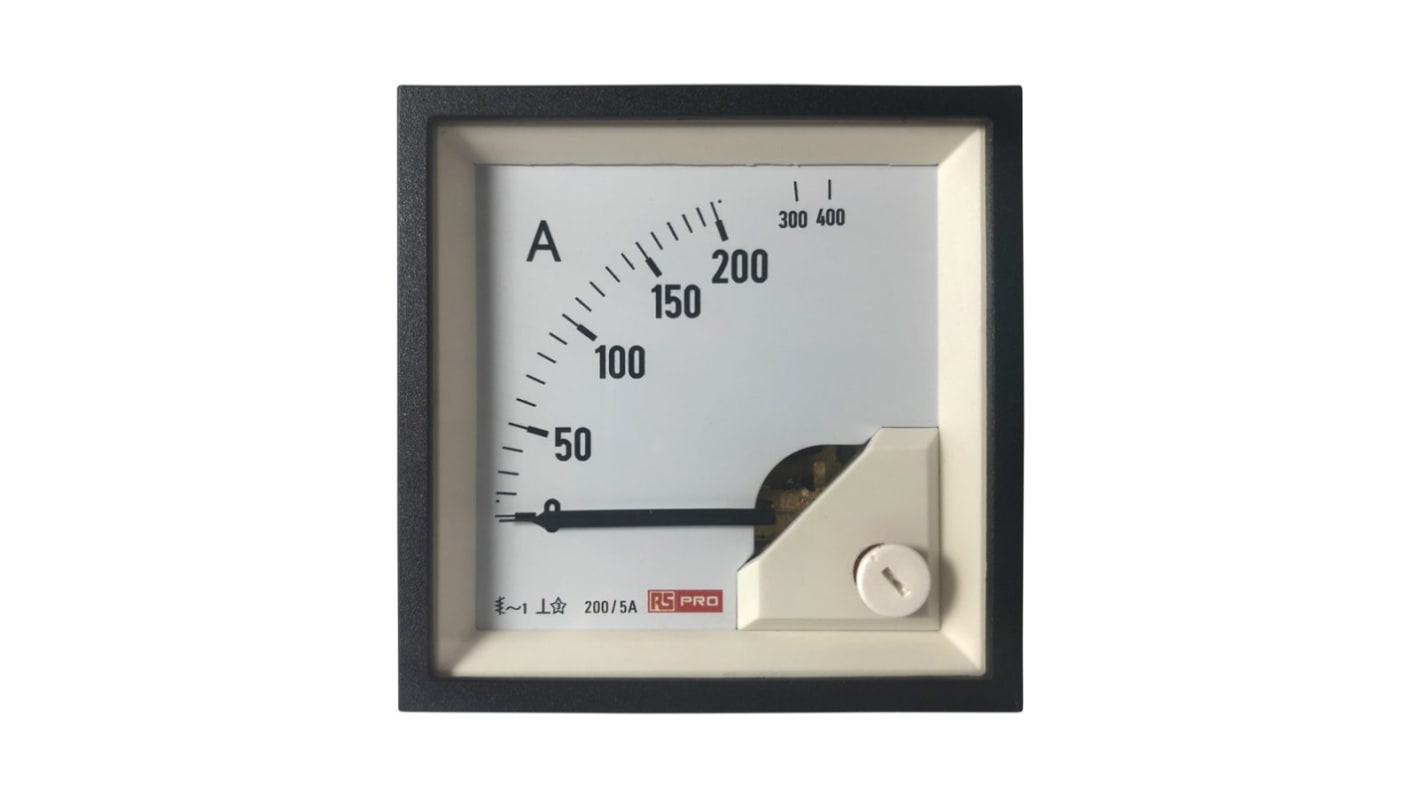 Amperímetro analógico de panel AC RS PRO, valor máx. 10 (Input) A, 200/5 (CT) A, 400 (Scle) A, 1 %, dim. 68mm x 68mm