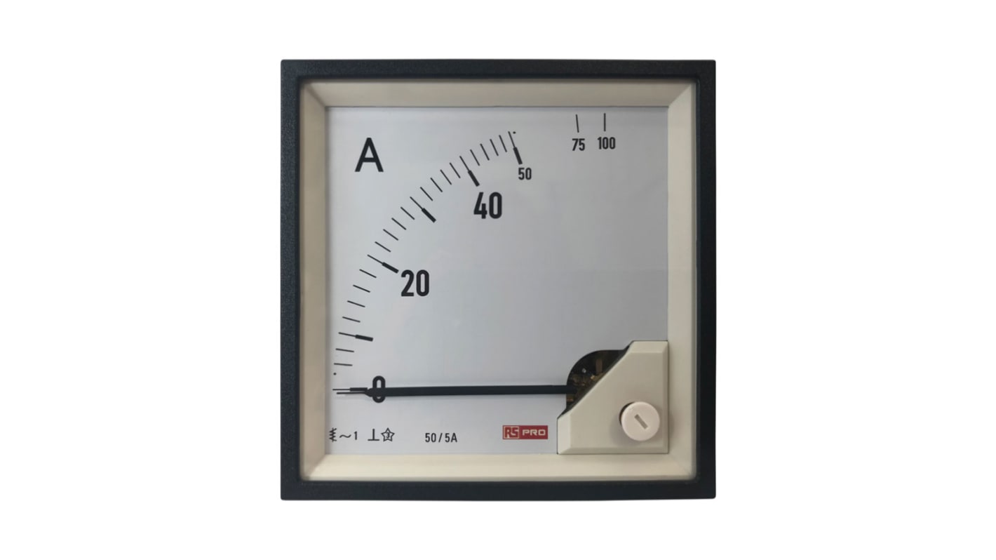 RS PRO Analogue Panel Ammeter 10 (Input) A, 100 (Scle) A, 50/5 (CT) A AC, 92mm x 92mm, 1 % Moving Iron