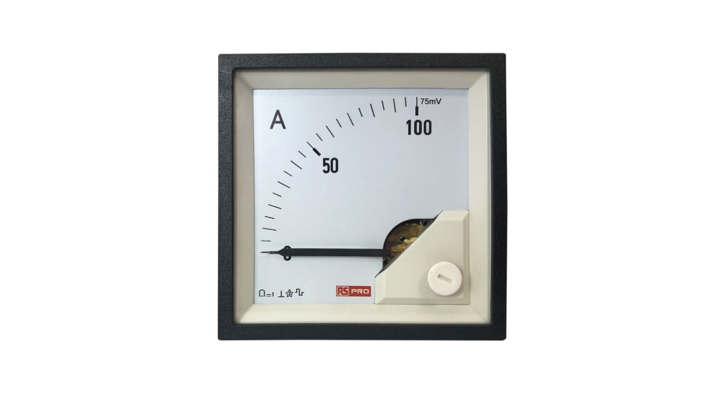 RS PRO Analogue Panel Ammeter 0/100A For Shunt 75mV DC, 68mm x 68mm, 1 % Moving Coil