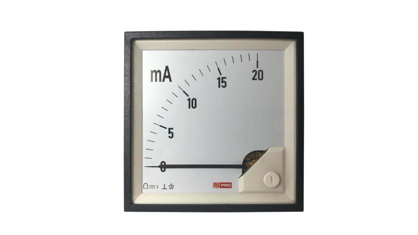 RS PRO Analogue Panel Ammeter 20 (Input)mA DC, 92mm x 92mm, 1 % Moving Coil