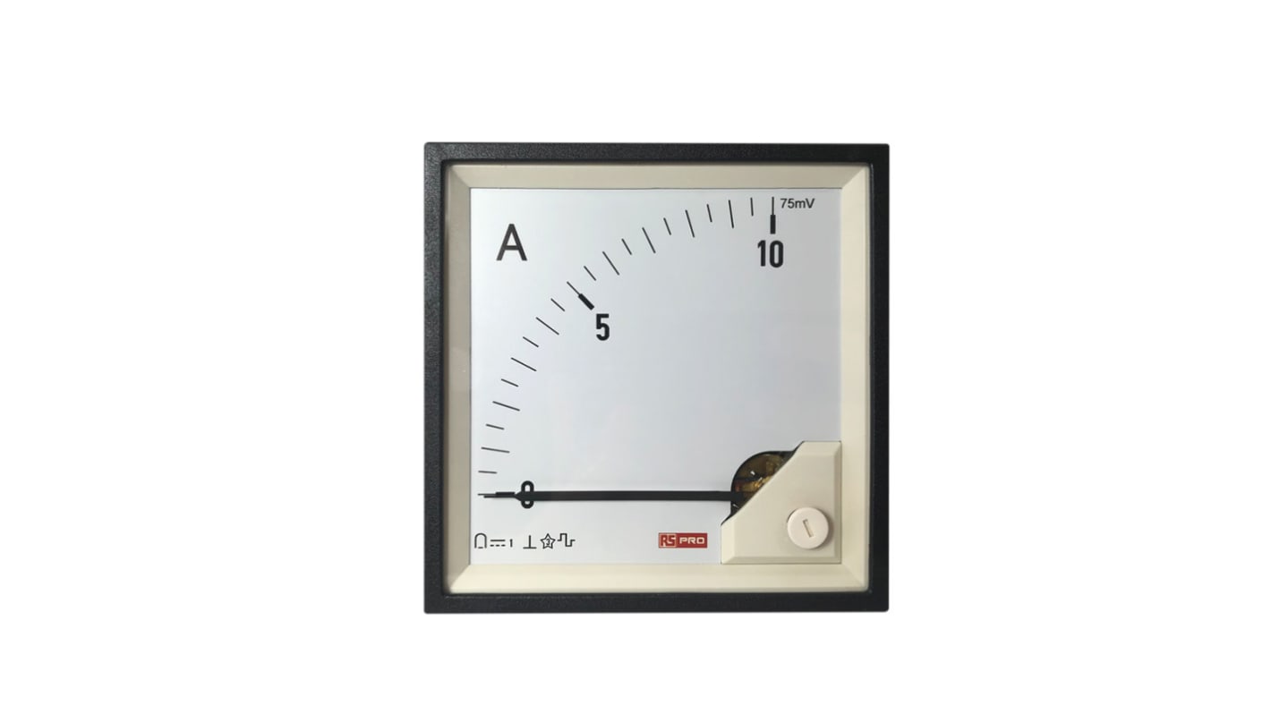 RS PRO Analogue Panel Ammeter 0/10A For Shunt 75mV DC, 92mm x 92mm, 1 % Moving Coil