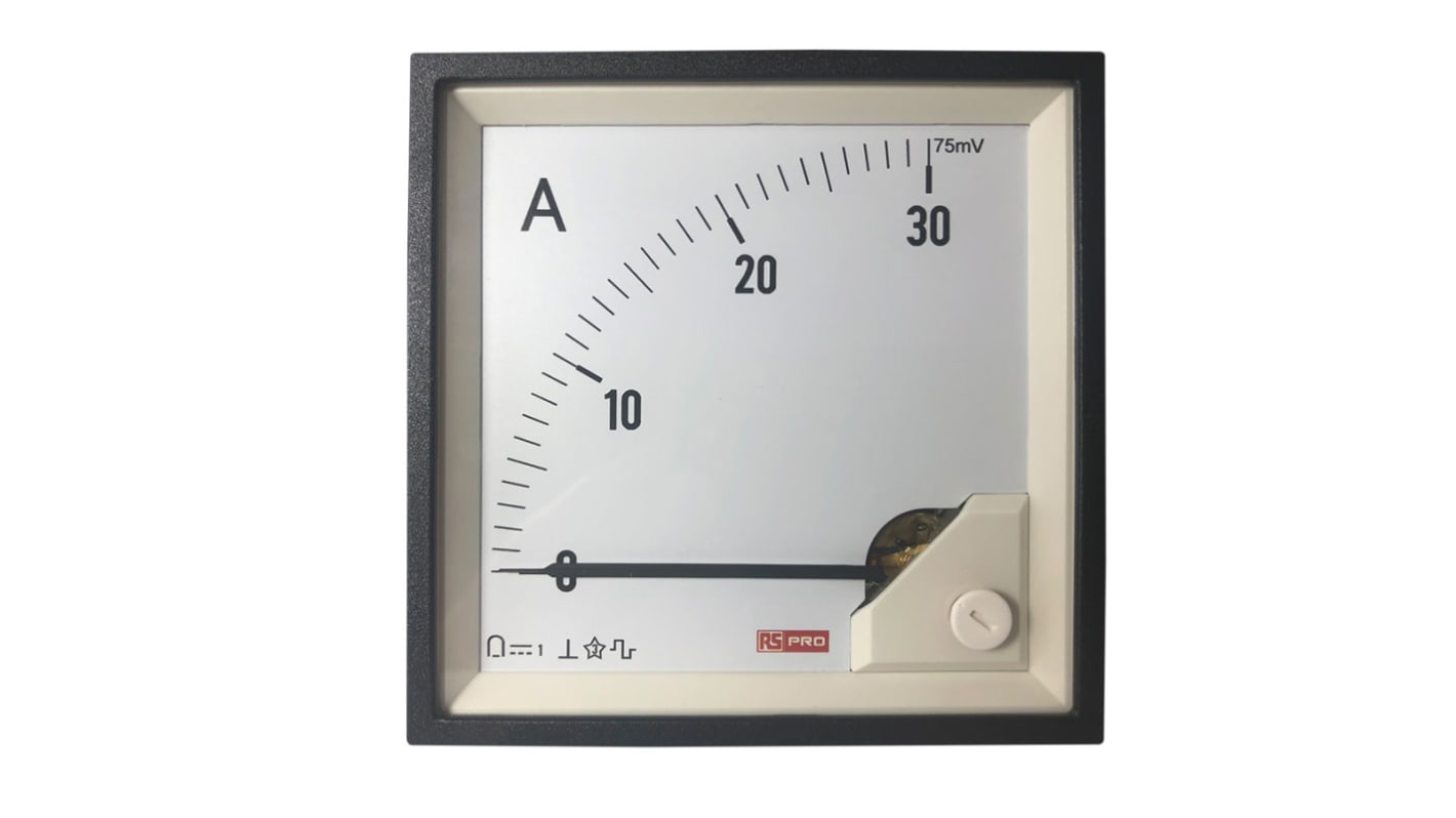 Ampèremètre analogique de panneau V c.c. RS PRO, Echelle 0/30A For Shunt 75mV, 92mm x 92mm