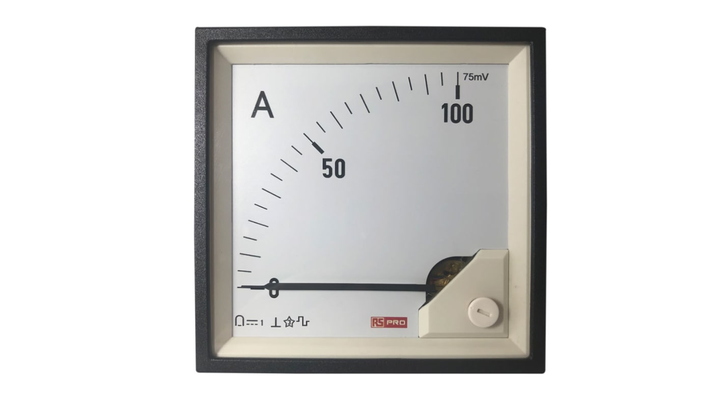 Ampèremètre analogique de panneau V c.c. RS PRO, Echelle 0/100A For Shunt 75mV, 92mm x 92mm